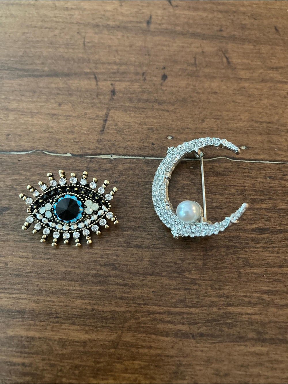 Evil Eye Brooch & Crystal Crescent Moon brooch SET of 2 brooches